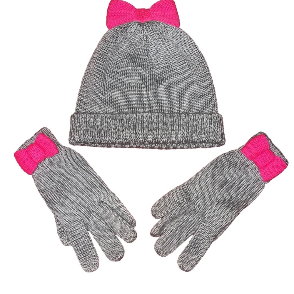 Kate Spade NY Colorblock Bow Hat &  Gloves Set Heather Grey Girl Sz S/M (7-10Y)